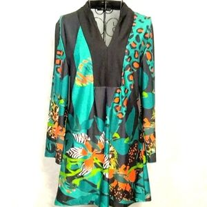 LILY‎ by FIRMIANA A-Line Dress Women S Boho Print Black Trim Drapey Soft Knit